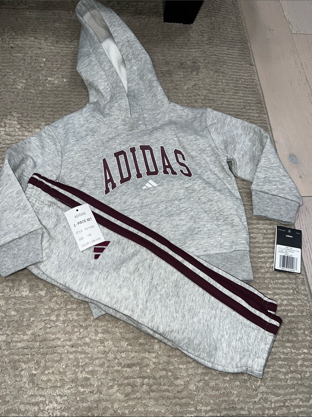 adidas Light Gray Hoodie & Jogger Set with Maroon Stripes